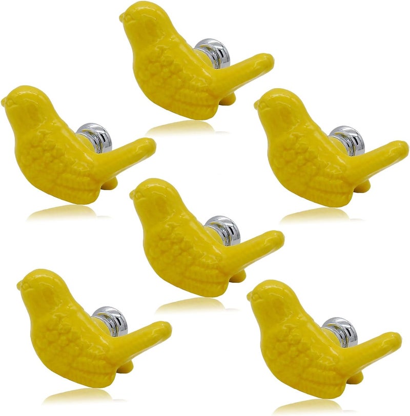 Tecrio 6pcs-Pack Vintage Ceramic Drawer Knobs and Pulls, Birds Art Decor Cupboard Dresser Cabinet Knobs and Handles for Kids-Room Bathroom Kitchen-Room Door Closet w/Screws Yellow - Image 1